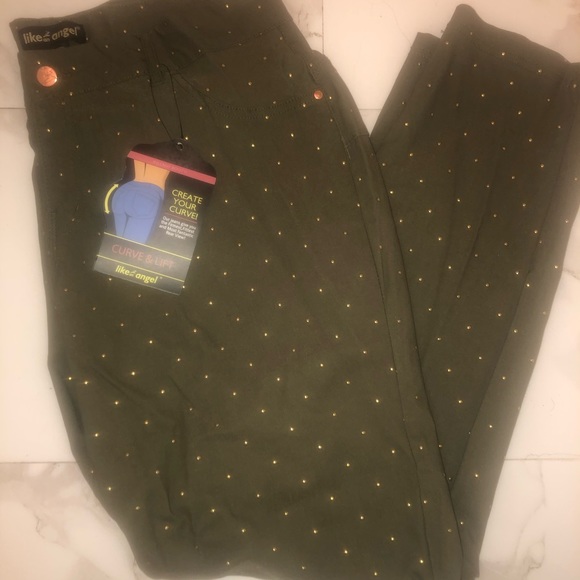 Like an Angel Olive Green Skinny Gold Studded Pant - Picture 1 of 6